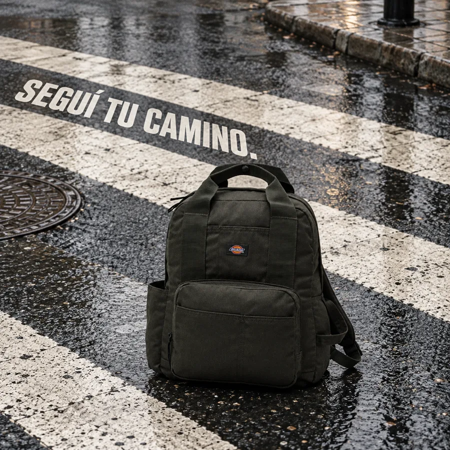 Mochila negra en un paso peatonal mojado con texto Seguí tu camino, demostración generada con IA.