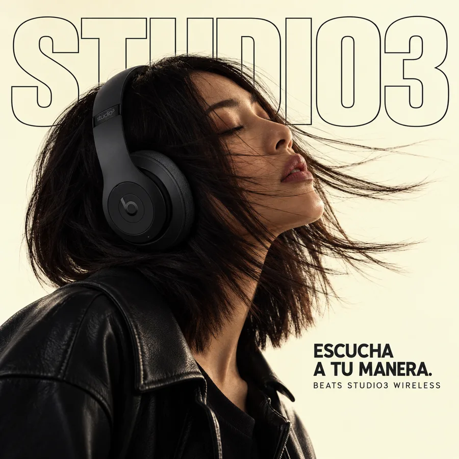 Retrato de una mujer con auriculares y composición editorial clara, demostración generada con IA.