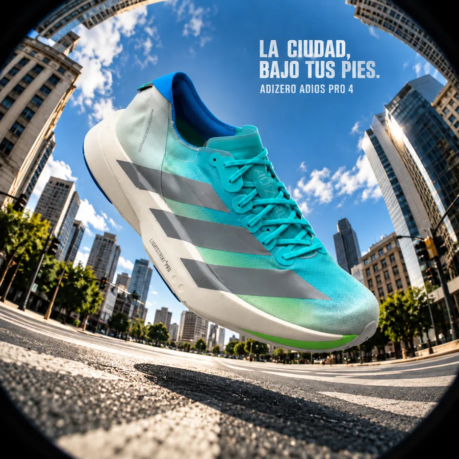 Zapatillas turquesas y blancas flotando entre edificios, muestra publicitaria generada con IA.