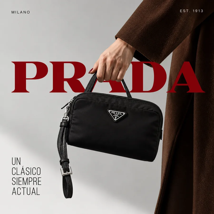 Bolso negro con composición editorial y tipografía roja, muestra generada con IA.
