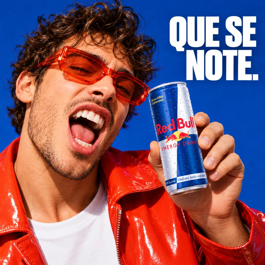 Hombre con anteojos naranjas y campera roja sosteniendo una lata sobre fondo azul, muestra generada con IA.