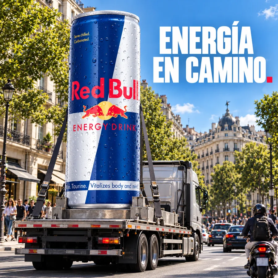 Lata gigante de Red Bull sobre un camión en una avenida soleada, demostración publicitaria generada con IA.